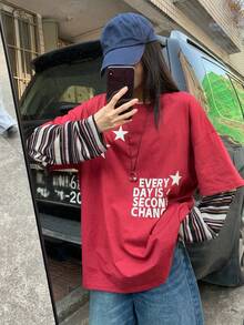 DAZY 女士圆领撞色条纹韩版印花长袖T恤 - 紅色 - 查看 8