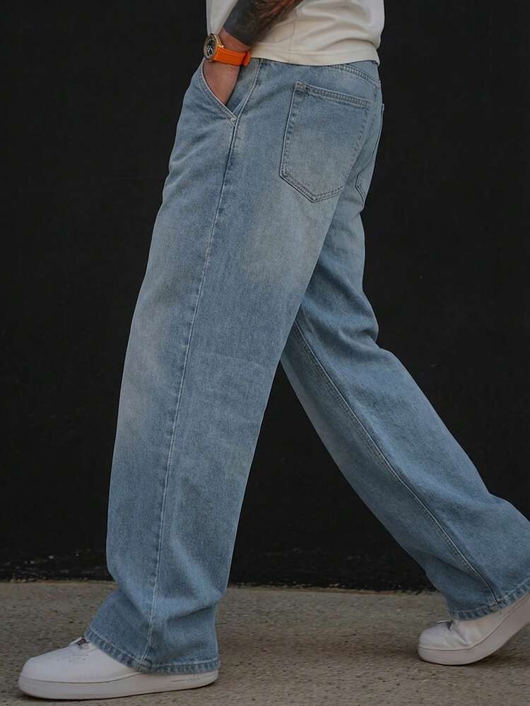 Vintage Wash Decorative Chain Print Long Blue Men's Denim Jeans, Spring