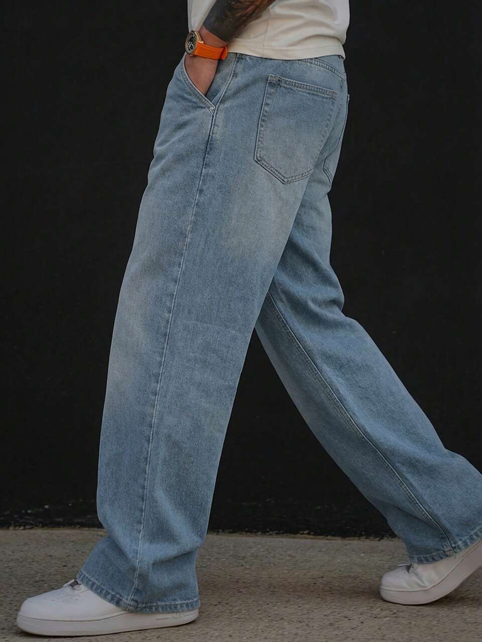 Vintage Wash Decorative Chain Print Long Blue Men's Denim Jeans, Spring
