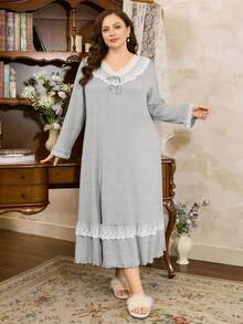Côtesoire 大码女式浅灰色深V领喇叭袖多层蕾丝花边荷叶边下摆牛奶丝连衣裙，法式家居服/外套，冬季，宽松睡裙 - 灰色 - 查看 6