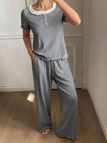 DAZY Contrast Color Trim Knit Women Pajama Set - Grey - View 6