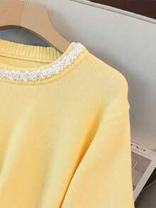 GlowEve CURVE Plus Size Elegant Pearl Crew Neck Long Sleeve Sweater - Light Yellow - View 5