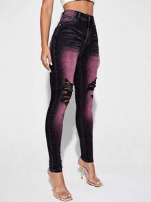 EMERY ROSE Jeans ajustados informales con bolsillo de color contrastante y desgastados - Negro - Ver 5