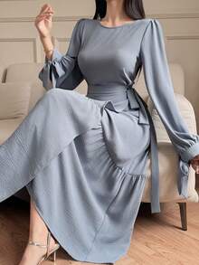 DAZY Conjunto de 2 piezas de blusa de manga abullonada de unicolor y elegante y falda con cintura anudada, para primavera/verano - Azul - Ver 1