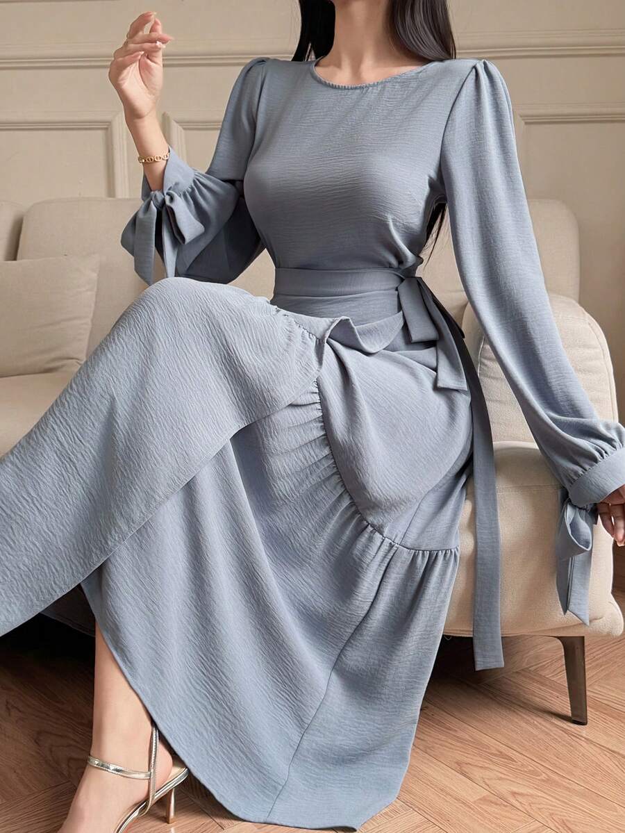 DAZY Conjunto de 2 piezas de blusa de manga abullonada de unicolor y elegante y falda con cintura anudada, para primavera/verano - Azul - Ver 1