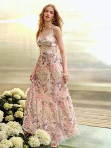 MOTF PREMIUM WOMEN'S FLORAL PRINT ROMANTIC LONG SKIRT, SPRING/SUMMER - Baby Pink - View 6