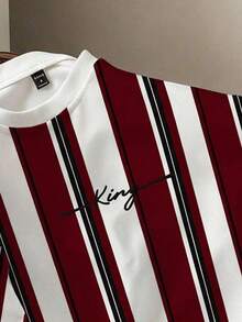 Manfinity Joysei 男士休闲撞色条纹短袖T恤，夏季 - 紅色 - 查看 3