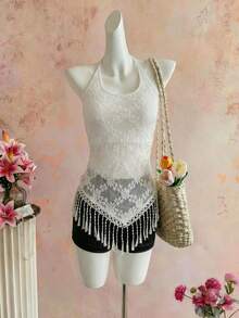 Selianne Áo tank top nữ thanh lịch, thời trang, thoải mái, quyến rũ, cổ điển tối giản, cao cấp, lãng mạn, thích hợp cho kỳ nghỉ, không tay, cổ yếm, thắt nơ ở eo, ôm sát, viền ren jacquard, phối tua rua, màu trơn. - trắng - Xem 1