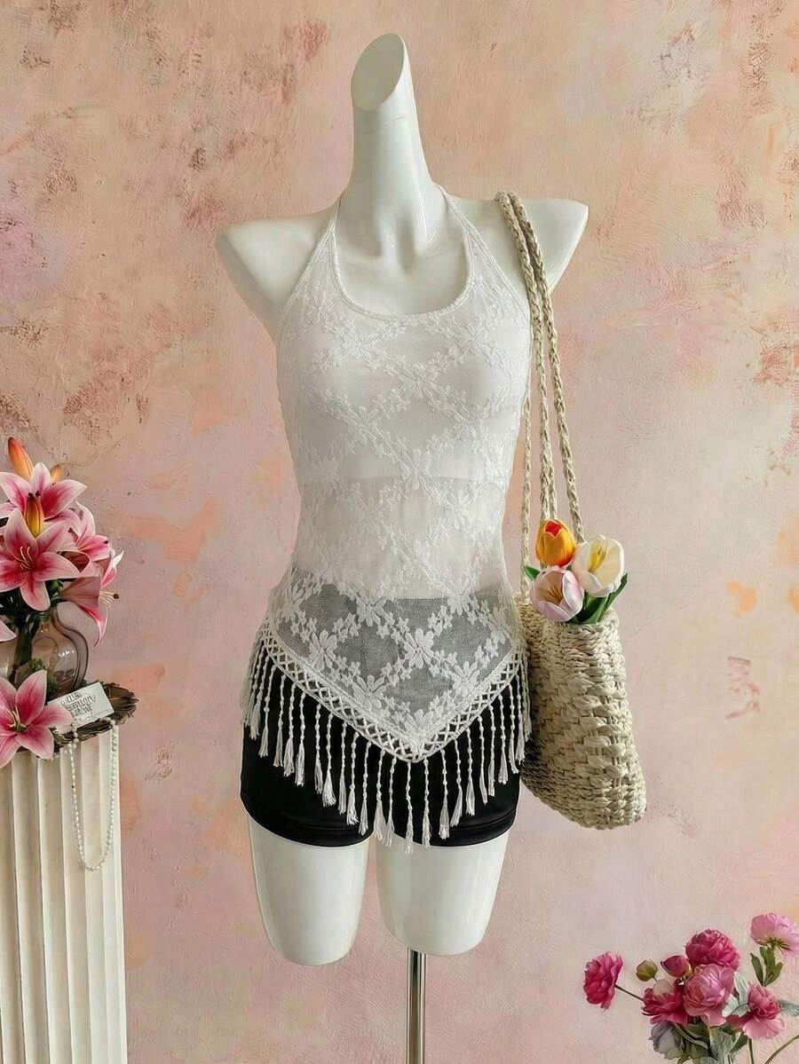 Selianne Áo tank top nữ thanh lịch, thời trang, thoải mái, quyến rũ, cổ điển tối giản, cao cấp, lãng mạn, thích hợp cho kỳ nghỉ, không tay, cổ yếm, thắt nơ ở eo, ôm sát, viền ren jacquard, phối tua rua, màu trơn. - trắng - Xem 1