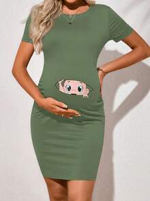 SHEIN Pregnant Women Casual Cartoon Print Round Neck Short Sleeve Dress - Mint Green - View 4