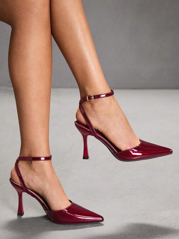 CUCCOO SZL Women Shoes Pointed Thin High Heel Burgundy Ankle Strap Empty Women's High Heel Shoes Simple Temperament Fashion Sexy Party Banquet Women's High Heel Shoes Women's Shoes Spring Shoes