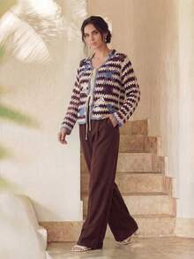 Anewsta Cárdigan con cierre delantero de corbata, con patrón de rayas y ribete de contraste con motivos de vida marina - Multicolor - Ver 4