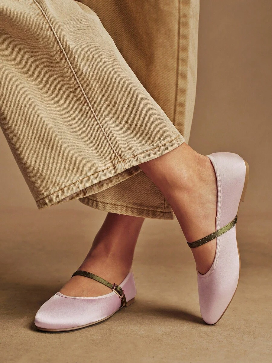 Rosivie Giày búp bê Mary Jane mũi tròn, phối màu, khóa cài, kiểu Pháp thanh lịch dành cho nữ, thích hợp đi làm hàng ngày. - Hồng - Xem 1