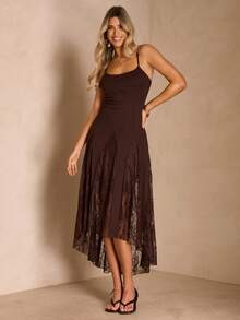 Enchnt 修身针织吊带蕾丝下摆连衣裙 - 咖啡棕 - 查看 5