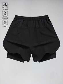 Manfinity Sport Corelite 男士字母印花抽绳腰双层运动短裤 黑色运动短裤 健身短裤 运动短裤 训练短裤 男士速干短裤 - 黑色 - 查看 2