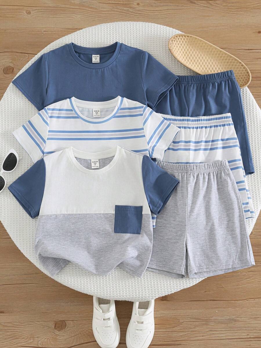 SHEIN 6件套儿童夏季服装，男童舒适休闲金属项链装饰圆领短袖T恤上衣，短裤2件套，高性价比套装，适合户外玩耍、街拍、派对、居家休闲等场合。