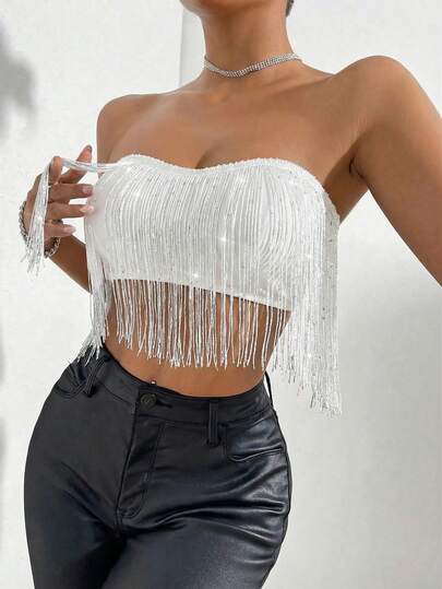 Allurite Top bandeau de unicolor y flecos para mujer