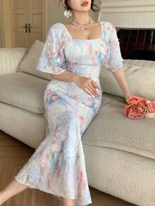 DAZY Women's Elegant Floral Textured Square Neck Fishtail Midi Dress, Summer - Baby Blue - View 10