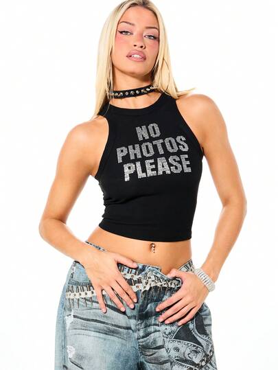 SUMWON WOMEN Cropped Rhinestone Graphic Tank Top With Statement Text Print Perfect For Festival Party Concert Casual Summer Streetwear
