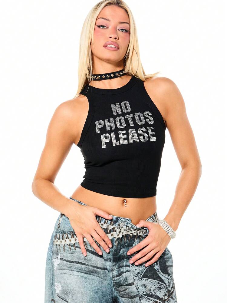 SUMWON WOMEN Rhinestone Graphic Tank Top With Text