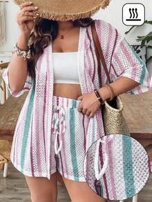 SHEIN VCAY Plus Size Women Blue & White Striped Shirt And Shorts Knit 2 Pieces Set, Summer Vacation, Summer Outfits Boho Two Piece Set Beach Shorts Set - Multicolor - View 3