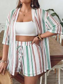 SHEIN VCAY 大码女式蓝白条纹针织衬衫短裤两件套，夏季度假 - 彩色 - 查看 4