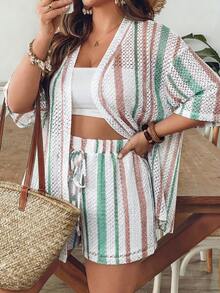 SHEIN VCAY 大码女式蓝白条纹针织衬衫短裤两件套，夏季度假 - 彩色 - 查看 5