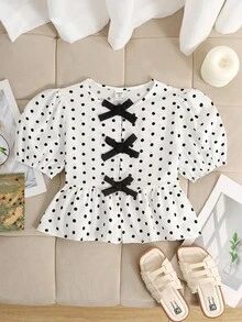 SHEIN Tween Girl Spring/Summer Fashionable Leopard Print Colorblock Bow Decor Ruffle Long Sleeve Blouse, Casual Vacation Tween Girl - White - View 1