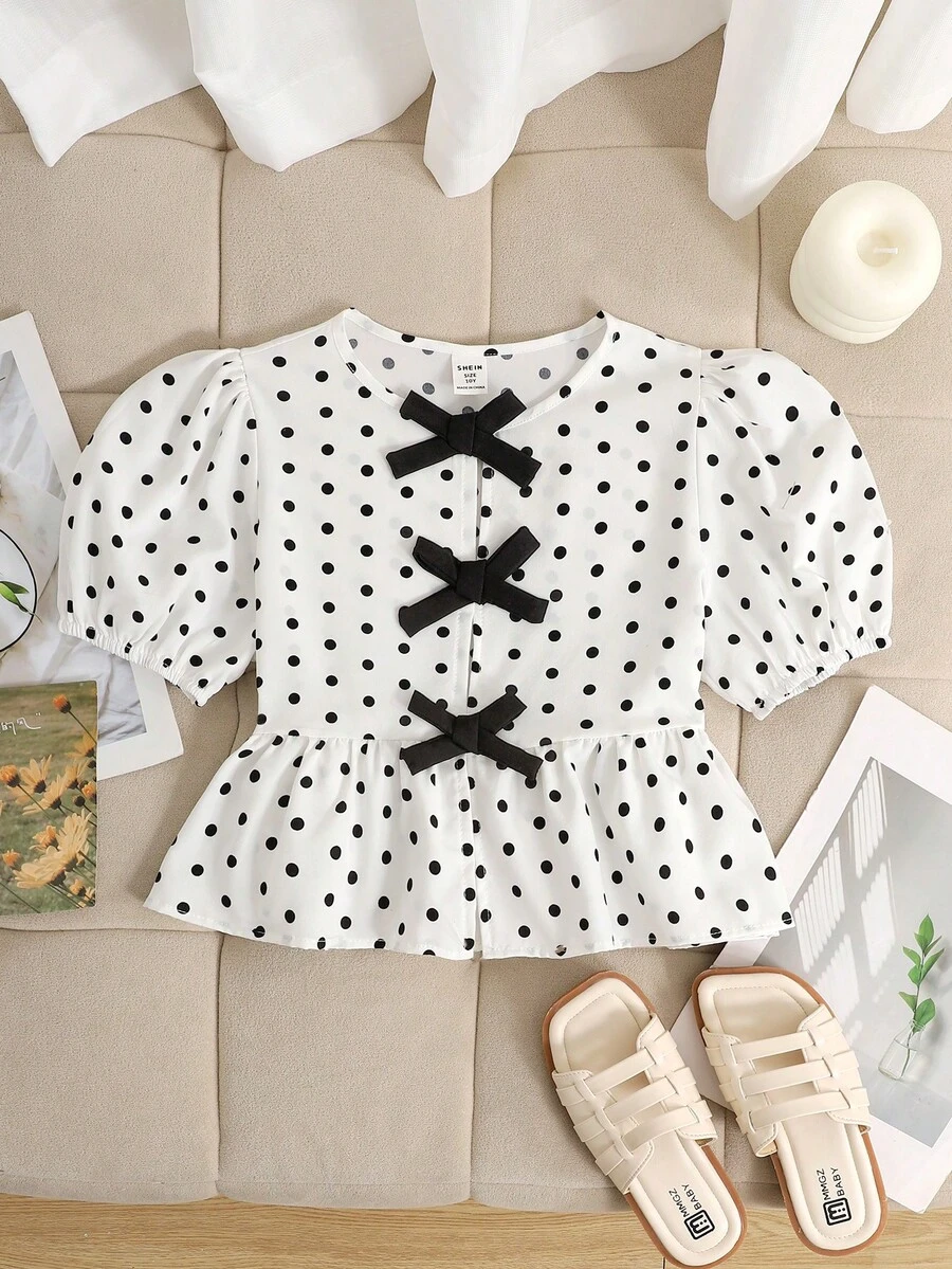 SHEIN Tween Girl Spring/Summer Fashionable Leopard Print Colorblock Bow Decor Ruffle Long Sleeve Blouse, Casual Vacation Tween Girl - White - View 1