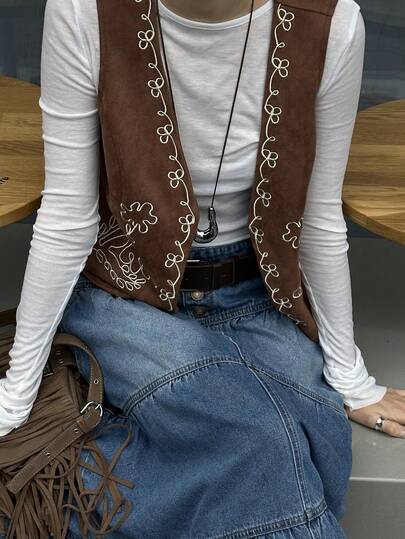 Livesso Women's Casual Vintage Embroidered Vest