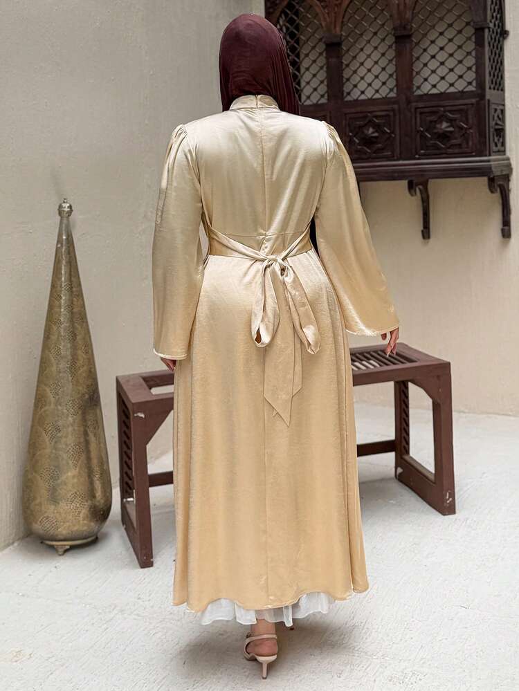 Dazy Plus Plus Size Solid Color Waist Tie Elegant Party Dress With Flare Sleeves, Spring/Summer Maxi Dress Sundress