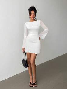Aloruh Elegant Bow Tie Backless Sexy Glitter Fabric Fitted Mini Dress,White Dresses For Women - White - View 2
