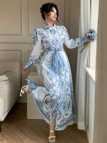 DAZY Đầm maxi thanh lịch màu xanh trắng phối sứ tương phản, thích hợp cho ngày Valentine, đám cưới, tiệc tùng, sự kiện trang trọng, sự kiện thời trang, đi làm, thắt eo, chân váy xòe, tay dài. - Màu xanh lam - Xem 7