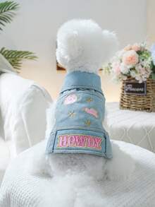 PETSIN 1pc Cat/Dog Universal Clothes, Embroidered Pet Blue Jacket, American Western Style, With Traction D-Shaped Ring, Pet Spring Fashion Jacket - Blue - View 3