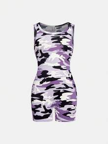 SHEIN Bộ áo liền quần dệt kim ôm sát cổ chữ U họa tiết rằn ri, phong cách đường phố thường ngày, thời trang dành cho bé gái tuổi teen. - Màu tím - Xem 5