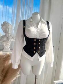 SHEIN MOD Plus Size Women Black Jacquard Vintage Sleeveless Shirt.Chic Plus Size Black Floral Jacquard Camisole Vest With Gold Button Detail.Spring/Summer Outfits, Valentine's Day Outfits - Black - View 1