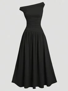 Girlism Vestido negro de punto con cintura fruncida en línea A para niñas preadolescentes, vestido negro elegante, versátil y sencillo - Negro - Ver 2