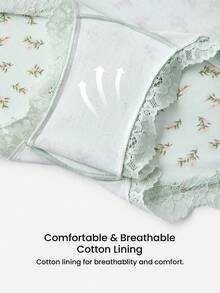 LUVLETTE Bộ 3 quần lót nữ cạp cao bằng cotton viền ren, kiểu quần đùi ngắn cơ bản - Họa tiết hoa, viền ren - Màu xanh lá cây - Nhiều màu - Xem 4