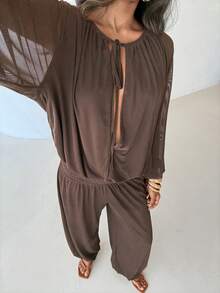 Aloruh Women's Elegant Sexy Fashionable High-End Romantic Date Beach Vacation Sheer Deep V Waist Tie Long Sleeve Mesh Lantern Jumpsuit, Spring/Summer - Brown - View 6