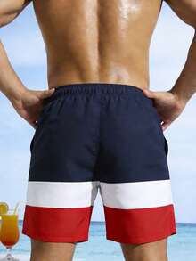 Manfinity Swimmode 男士休闲撞色条纹沙滩短裤 - 藏蓝色 - 查看 2