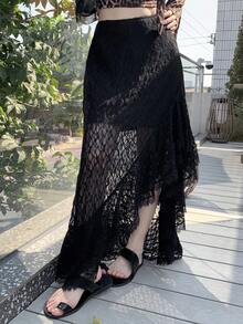 DAZY Women's Lace Patchwork Asymmetric Ruffle Hem Elegant Skirt - Black - View 2