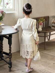 DAZY 女童（小号）V领系带韩版休闲荷叶边系带下摆派对生日连衣裙 - 白色 - 查看 2