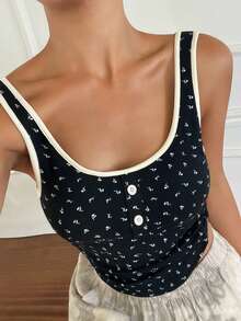 DAZY Ditsy Floral Contrast Trim Camisole Top With Built-In Bra Pad For Women - Black - View 8