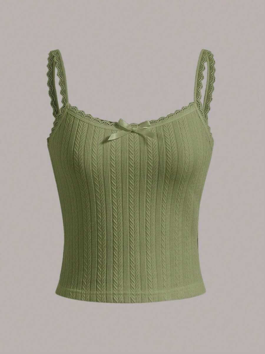 SHEIN x Marika Sila SHEIN MOD Summer Going Out Solid Lace Bow Front White Cami Top - Green - View 1