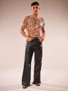 FeverCity Men's Hollow Out Rhinestone Patchwork Tank Top - Silver - View 4