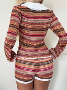 SHEIN EZwear 2件套 女士条纹休闲上衣和短裤套装 - 粉色 - 查看 2