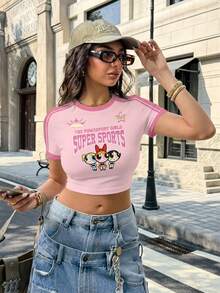 THE POWERPUFF GIRLS X SHEIN Women's Casual Letter & Blossom, Bubbles, Buttercup Pattern Cropped Fitted Short Sleeve T-Shirt, Summer - White - View 6