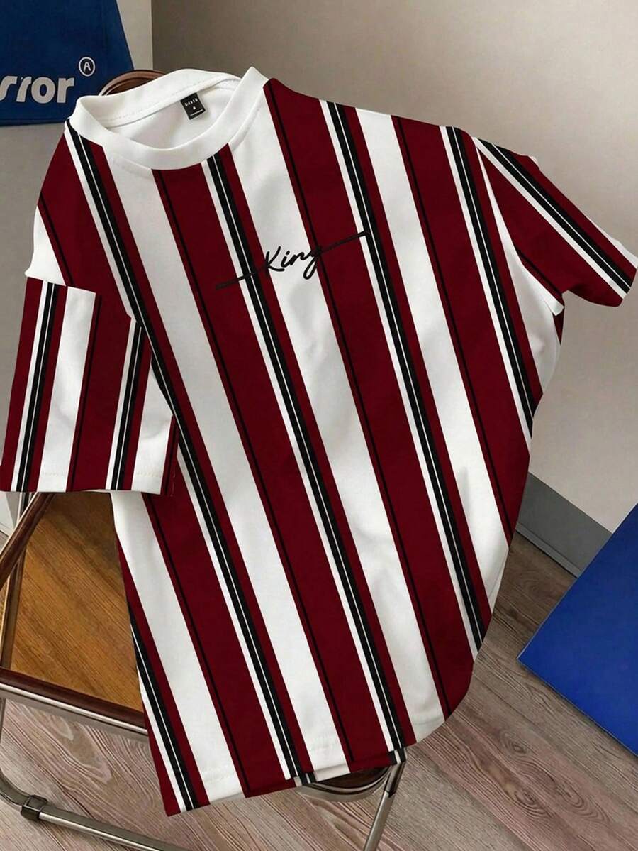 Manfinity Joysei 男士休闲撞色条纹短袖T恤，夏季 - 紅色 - 查看 1