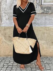 Breezaya Plus Size Color Block Trim Casual Vacation Dress - Black and White - View 5