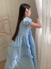 DAZY Girls' Polka Dot Short Sleeve Square Neck Dress - Blue - View 2